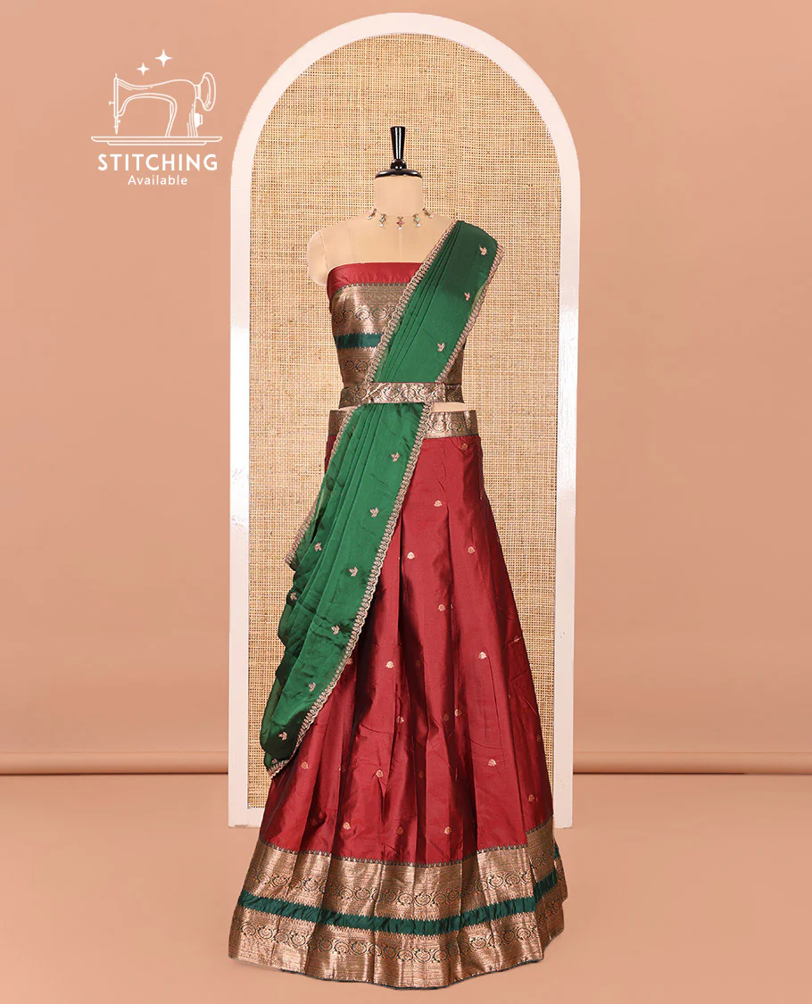 Maroon and Green Semi-Banarasi Half-Saree Featuring Zari Buttas Skirt, Complemented by Contrast Rettai Pettu, Traditional Border of Floral Creeper Designs, Paired with a Matching Blouse, and a Satin Georgette Embroidered Scallop Dhavani - Image 3