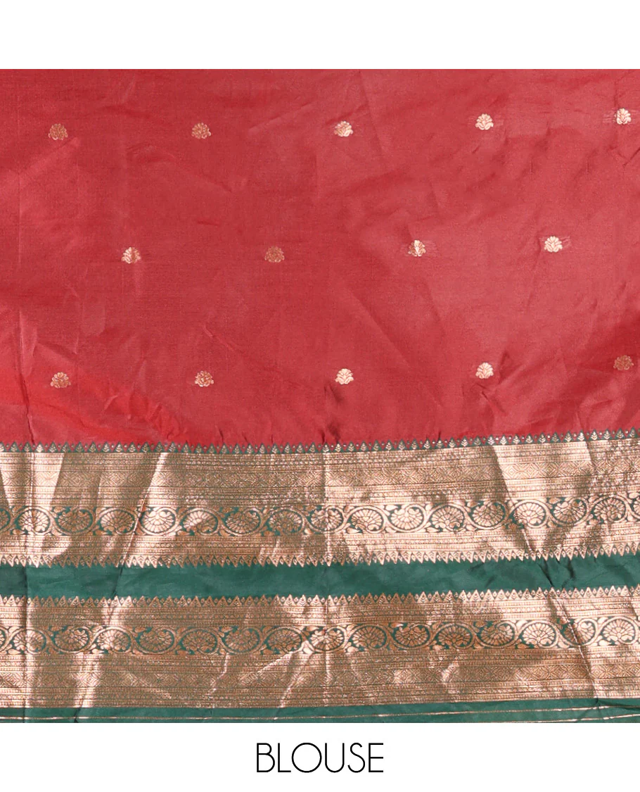 Maroon and Green Semi-Banarasi Half-Saree Featuring Zari Buttas Skirt, Complemented by Contrast Rettai Pettu, Traditional Border of Floral Creeper Designs, Paired with a Matching Blouse, and a Satin Georgette Embroidered Scallop Dhavani - Image 4