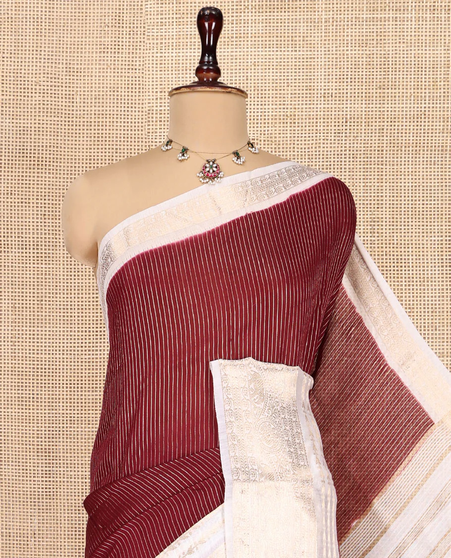 Maroon Assam Silk Saree, Steeped with Zari Stripes, a Contrast Traditional Zari Design Border, a Pallu Steeped with Zari Stripes, and a Contrast Blouse - Image 2
