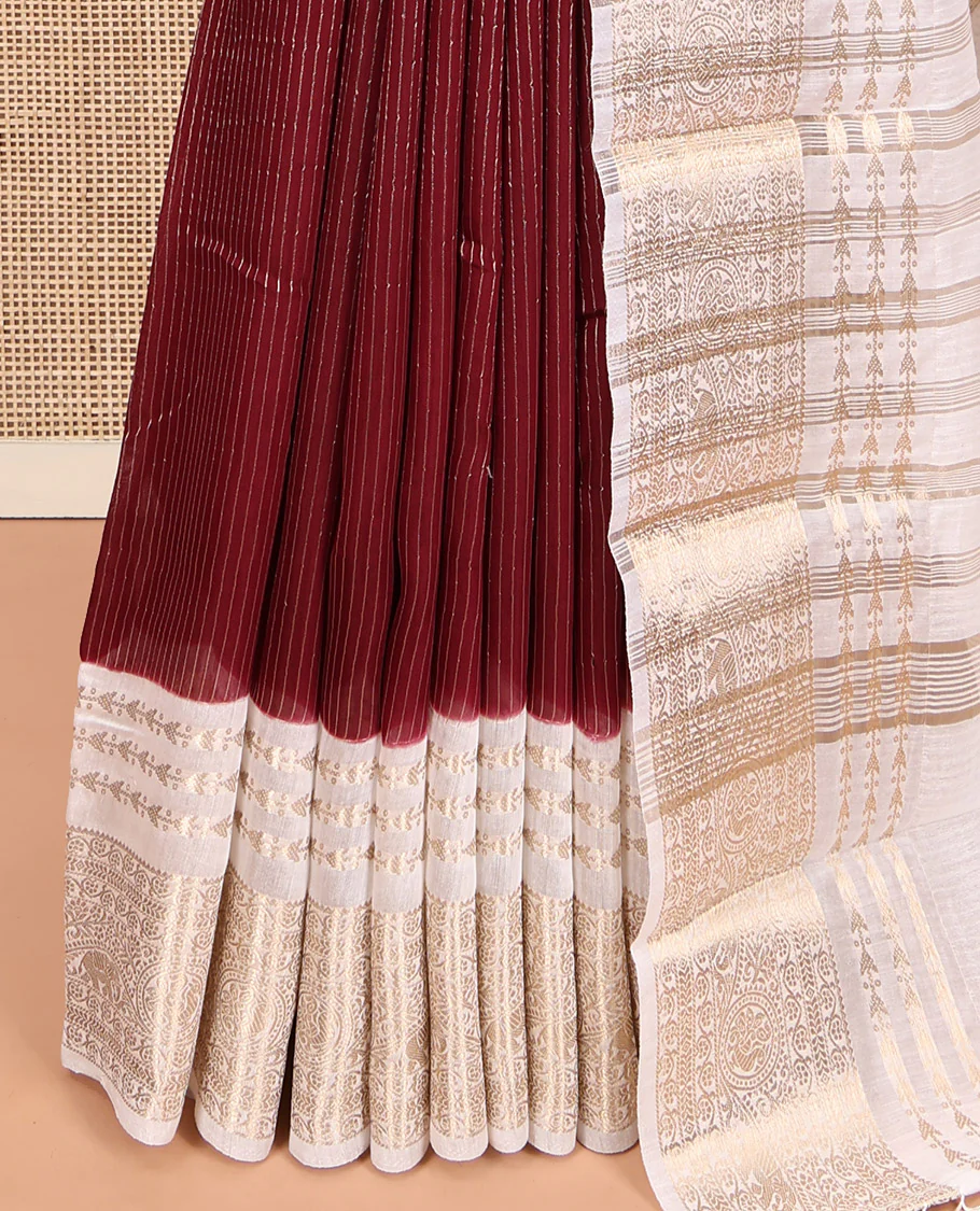 Maroon Assam Silk Saree, Steeped with Zari Stripes, a Contrast Traditional Zari Design Border, a Pallu Steeped with Zari Stripes, and a Contrast Blouse - Image 3