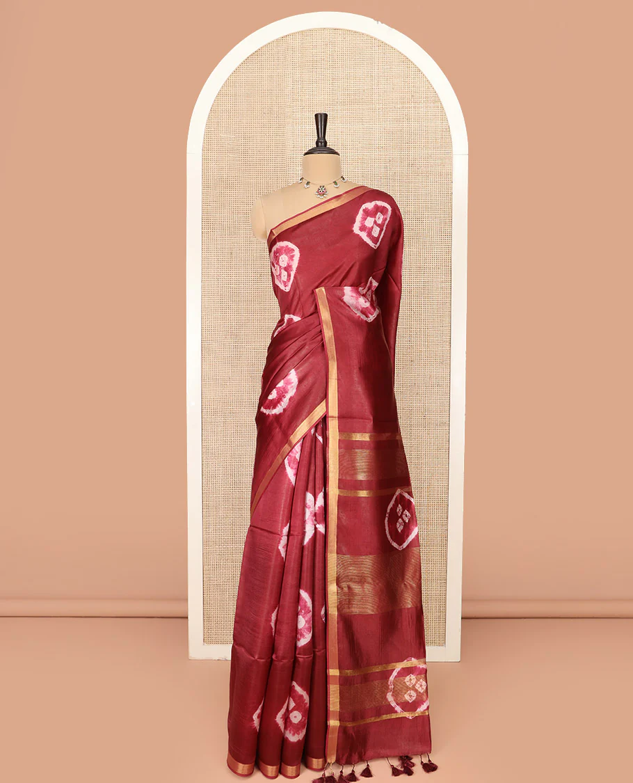 Maroon Banana Pith Saree Elevated with Bright Shibori Print, Subtly Woven Zari Bavanji Border, Pallu Featuring Shibori Print, and Paired with a Matching Shibori Printed Blouse - Image 3