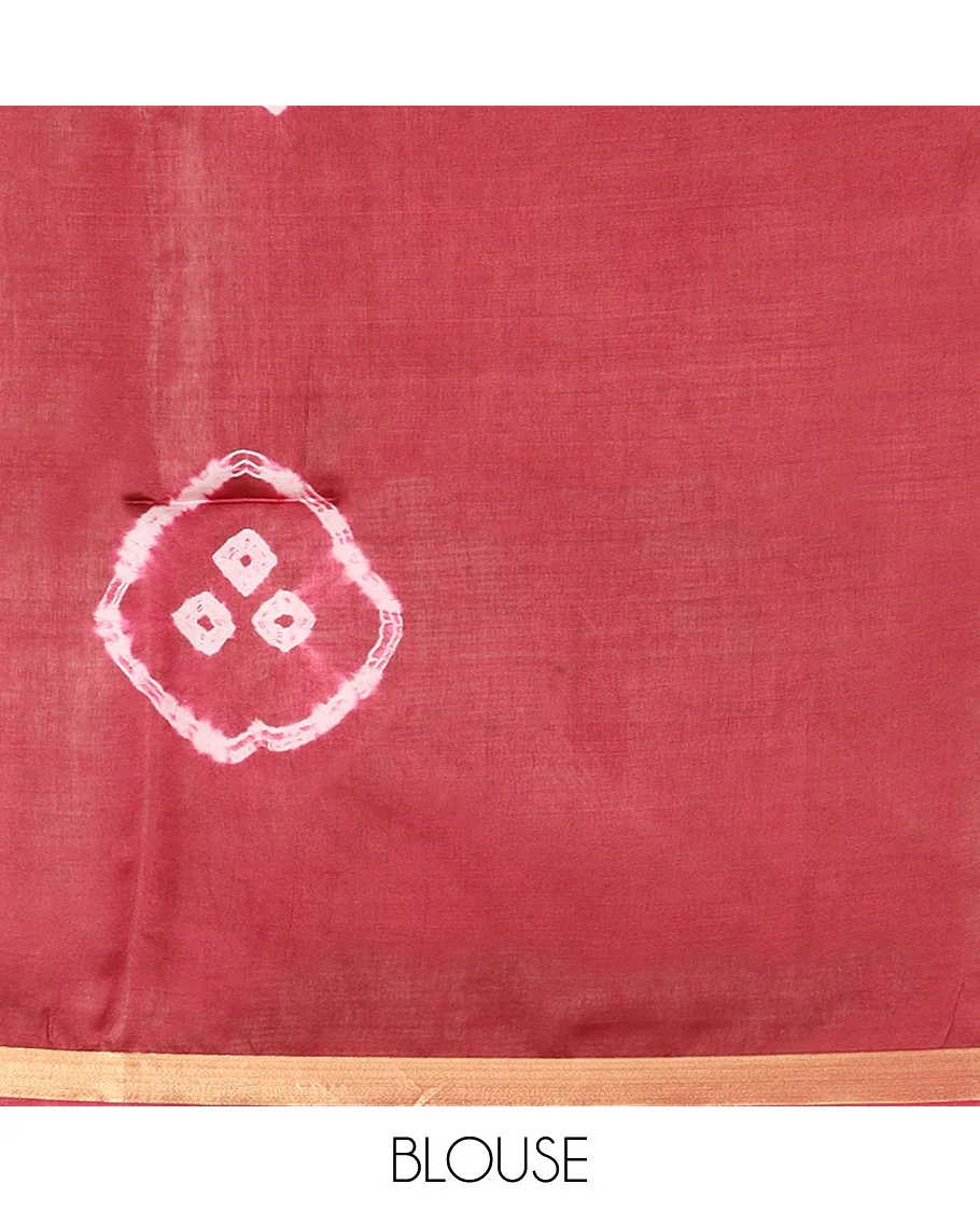 Maroon Banana Pith Saree Elevated with Bright Shibori Print, Subtly Woven Zari Bavanji Border, Pallu Featuring Shibori Print, and Paired with a Matching Shibori Printed Blouse - Image 5