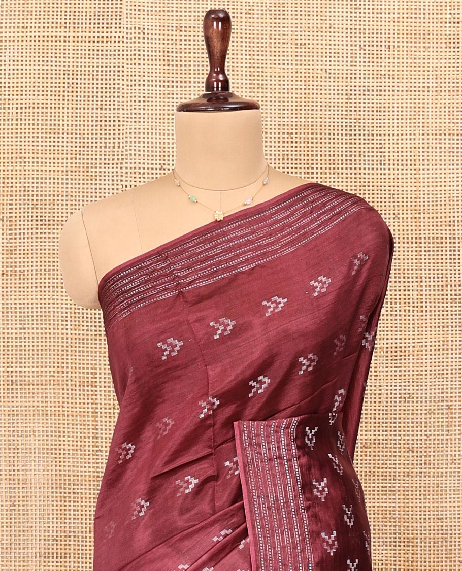 Maroon Banana Pith Saree, Finely Crafted with Buttas All Over Its Body, Subtle Self-Border of Stripes and Buttas, Pallu Steeped with Stripes, and Paired with a Matching Blouse - Image 2