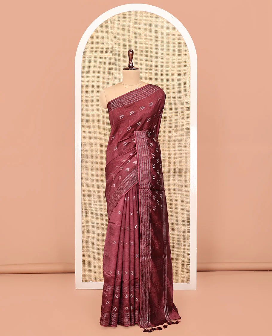 Maroon Banana Pith Saree, Finely Crafted with Buttas All Over Its Body, Subtle Self-Border of Stripes and Buttas, Pallu Steeped with Stripes, and Paired with a Matching Blouse - Image 3