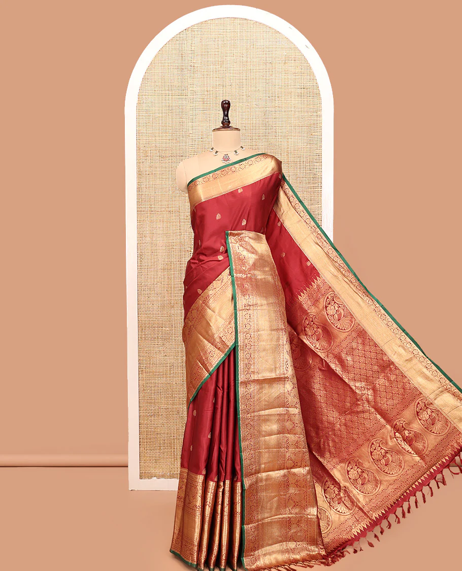 Maroon Budget Silk Saree, Dazzled with Zari Buttas, Highlighted by a Traditional Zari Border, Grand Ogee Pallu, and a Matching Blouse - Image 6