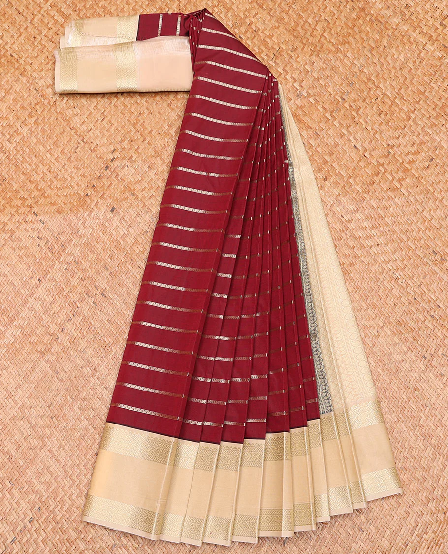 Maroon Budget Silk Saree Delicately Woven with Horizontal Neli Stripes, Trimmed with a Contrast Traditional Zari Motif Rettai Pettu Border, Featuring a Subtly Woven Jaal Pallu, Paired with a Contrast Blouse - Image 2