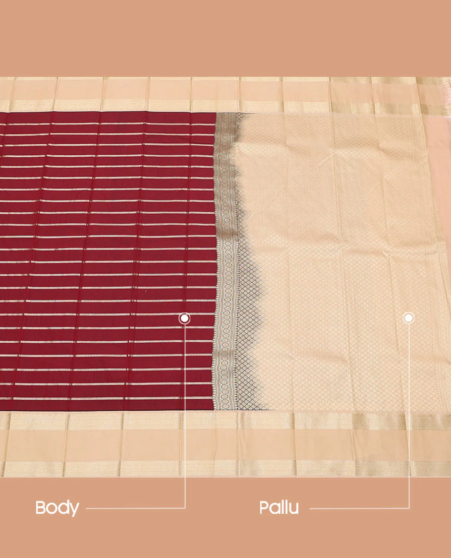 Maroon Budget Silk Saree Delicately Woven with Horizontal Neli Stripes, Trimmed with a Contrast Traditional Zari Motif Rettai Pettu Border, Featuring a Subtly Woven Jaal Pallu, Paired with a Contrast Blouse - Image 3