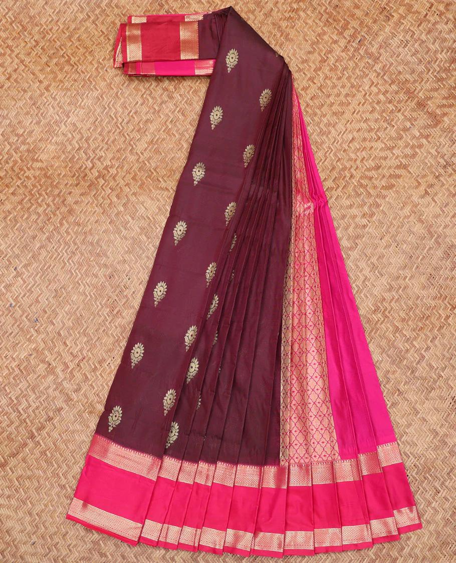 Maroon Budget Silk Saree, Embellished with Buttas All Over Its Body, Complemented by a Contrast Traditional Zari Design Rettai Pettu Border, Grand Pallu of Jaal Designs, and Paired with a Contrast Blouse - Image 2