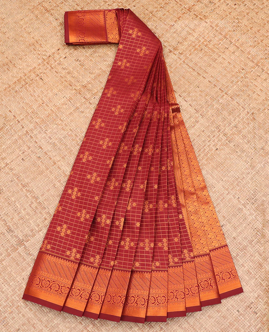 Maroon Budget Silk Saree, Ornamented with Zari Buttas and Checks All Over Its Body, Highlighted by a Traditional Zari Design Border, Grand Pallu, and Paired with a Matching Blouse - Image 2