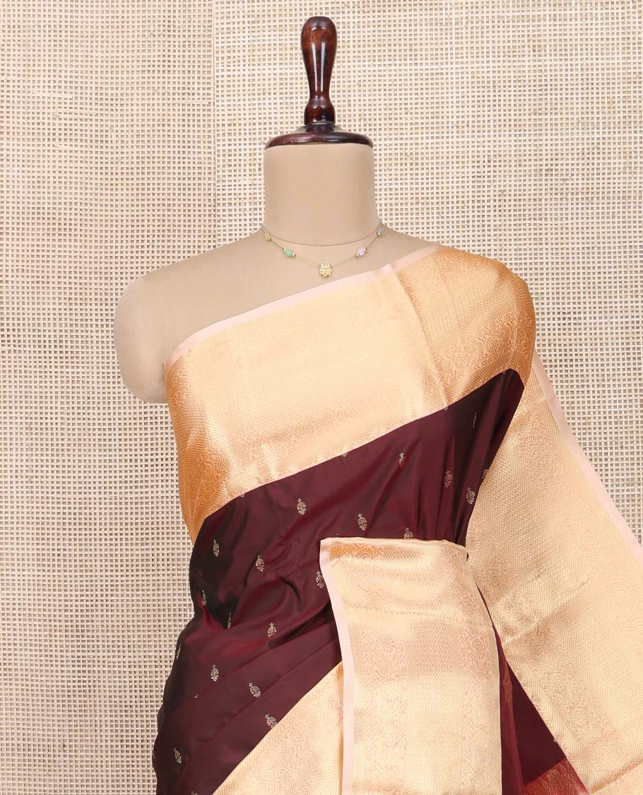 Maroon Budget Silk Saree, Prettified with Zari Buttas All Over Its Body, Complemented by a Contrast Traditional Zari Design Border of Paisleys, Majestically Zari Detailed Pallu, and Paired with a Contrast Blouse - Image 2