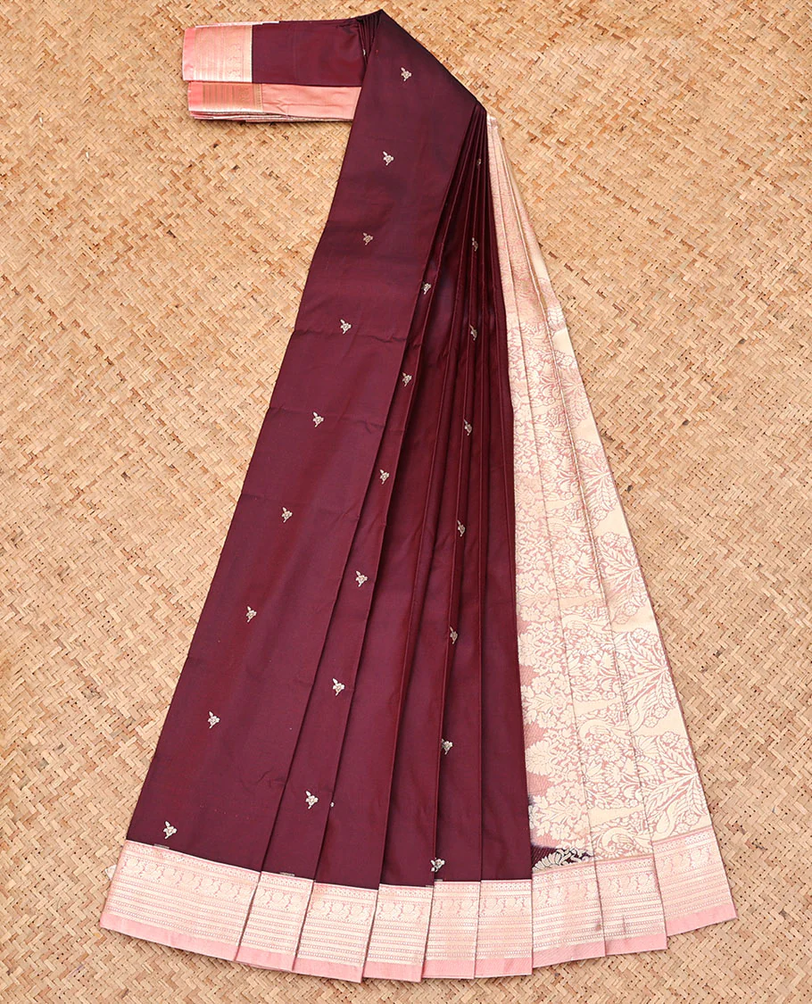 Maroon Budget Silk Saree, Woven with Zari Buttas, Complemented by a Contrast Traditional Zari Design Border, Grandly Designed Pallu, and Paired with a Contrast Blouse - Image 2