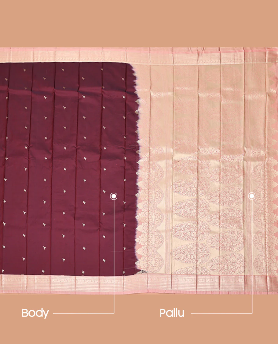Maroon Budget Silk Saree, Woven with Zari Buttas, Complemented by a Contrast Traditional Zari Design Border, Grandly Designed Pallu, and Paired with a Contrast Blouse - Image 3