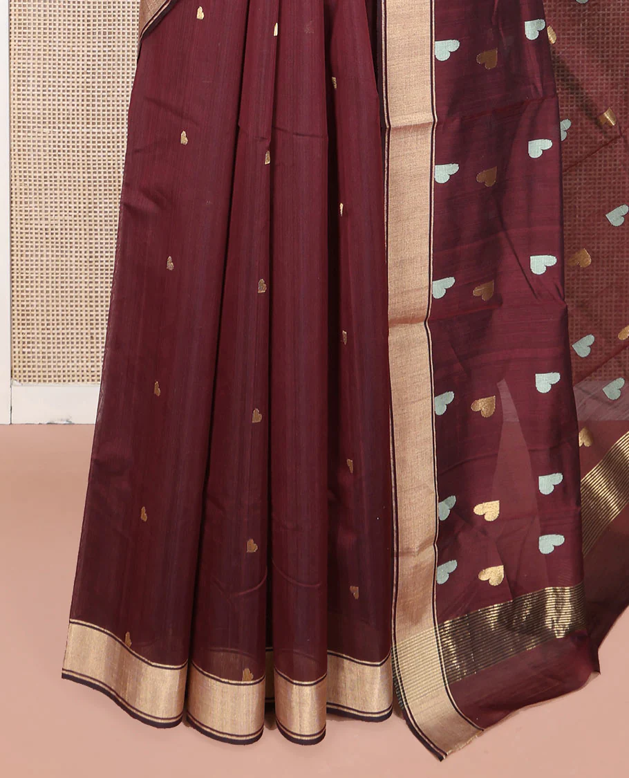 Maroon Chanderi Cotton Saree, Adorned with Heart Buttas All Over Its Body, Highlighted by a Self-Border, Pallu Steeped with Heart Motifs, and Paired with a Matching Blouse - Image 3