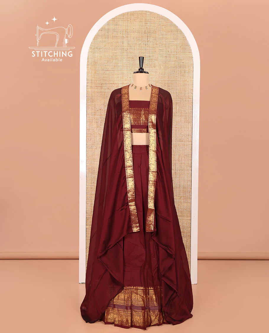 Maroon Chettinad Cotton Half-Saree Featuring Plain Skirt, Elevated with a Contrast Traditional Zari Design Varisai Pettu Border, Paired with a Matching Blouse, and a Satin Georgette Zari Bordered Dhavani - Image 2