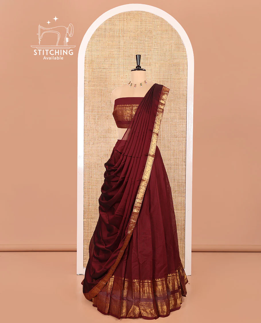 Maroon Chettinad Cotton Half-Saree Featuring Plain Skirt, Elevated with a Contrast Traditional Zari Design Varisai Pettu Border, Paired with a Matching Blouse, and a Satin Georgette Zari Bordered Dhavani - Image 3