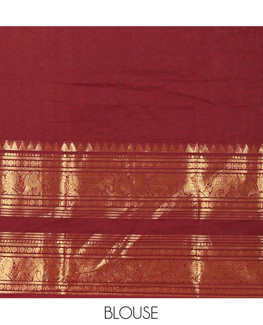 Maroon Chettinad Cotton Half-Saree Featuring Plain Skirt, Elevated with a Contrast Traditional Zari Design Varisai Pettu Border, Paired with a Matching Blouse, and a Satin Georgette Zari Bordered Dhavani - Image 4