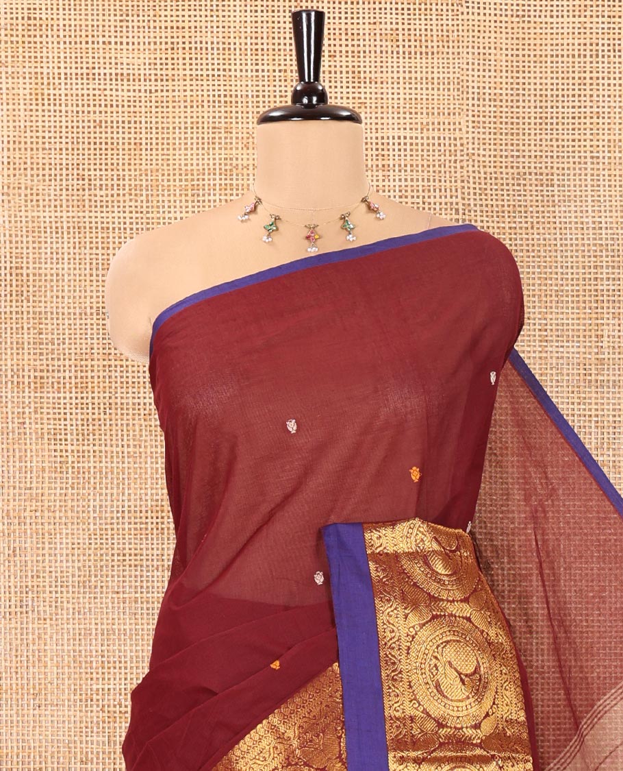 Maroon Chettinad Cotton Saree, Elevated with Thread Buttas All Over Its Body, Highlighted by Traditional Zari Border of Round Peacock Designs, Subtly Striped Pallu, and Paired with a Matching Blouse - Image 2