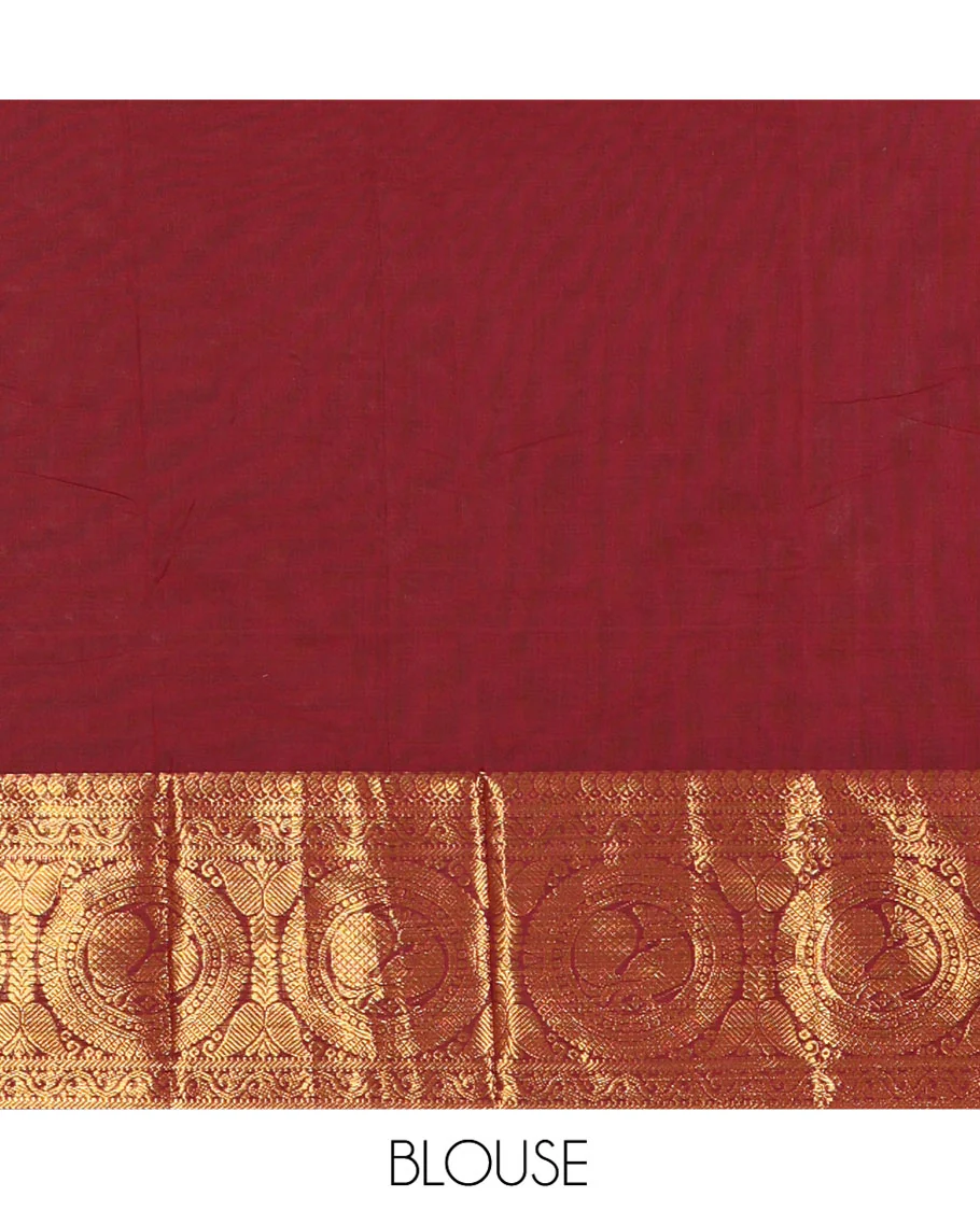 Maroon Chettinad Cotton Saree, Elevated with Thread Buttas All Over Its Body, Highlighted by Traditional Zari Border of Round Peacock Designs, Subtly Striped Pallu, and Paired with a Matching Blouse - Image 3