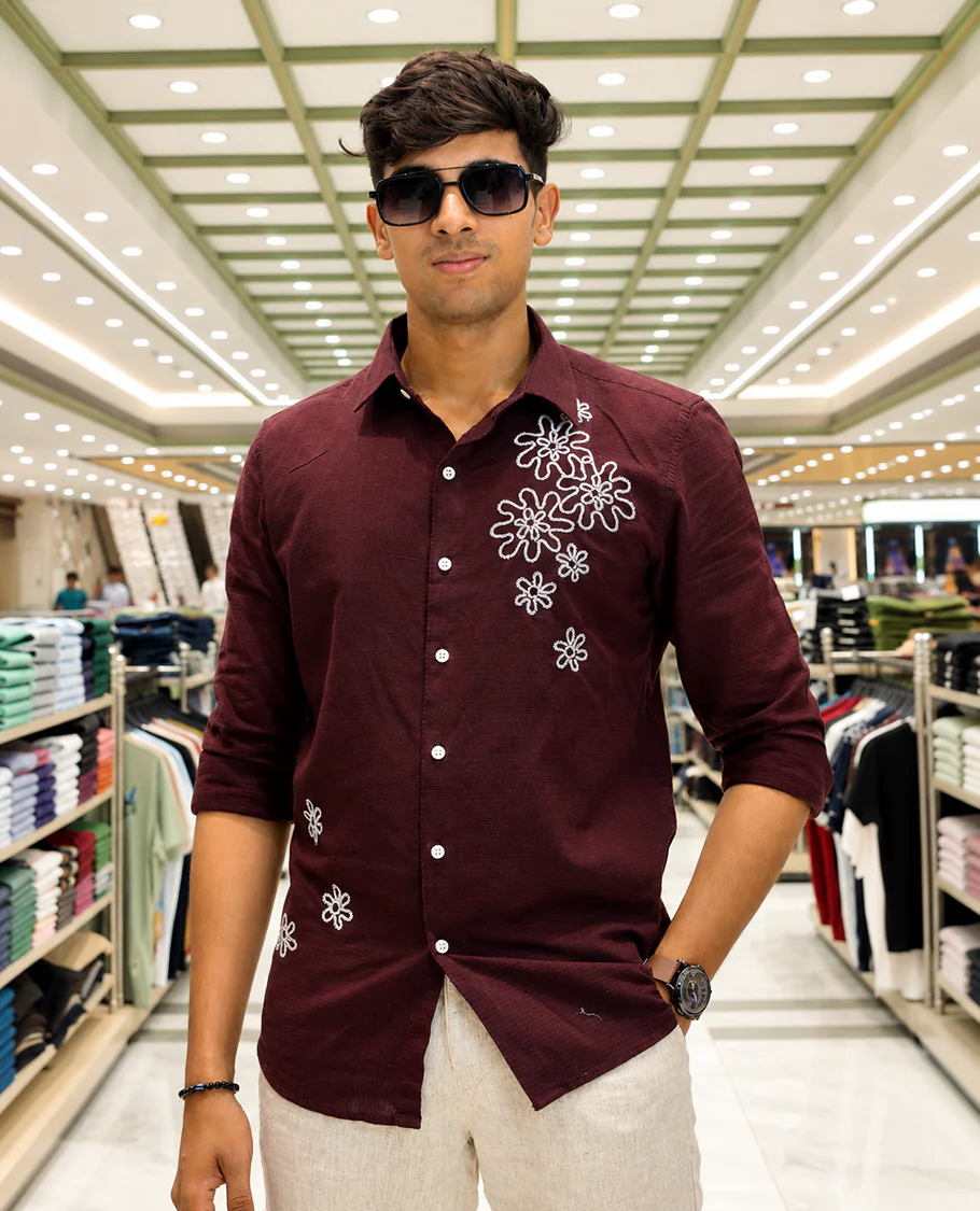 Maroon Cotton-Blended Casual Shirt, Adorned with Flower Thread Outline Embroidery, Featuring a Spread Collar, Full Sleeves, Slim Fit, and Regular Length - Image 2
