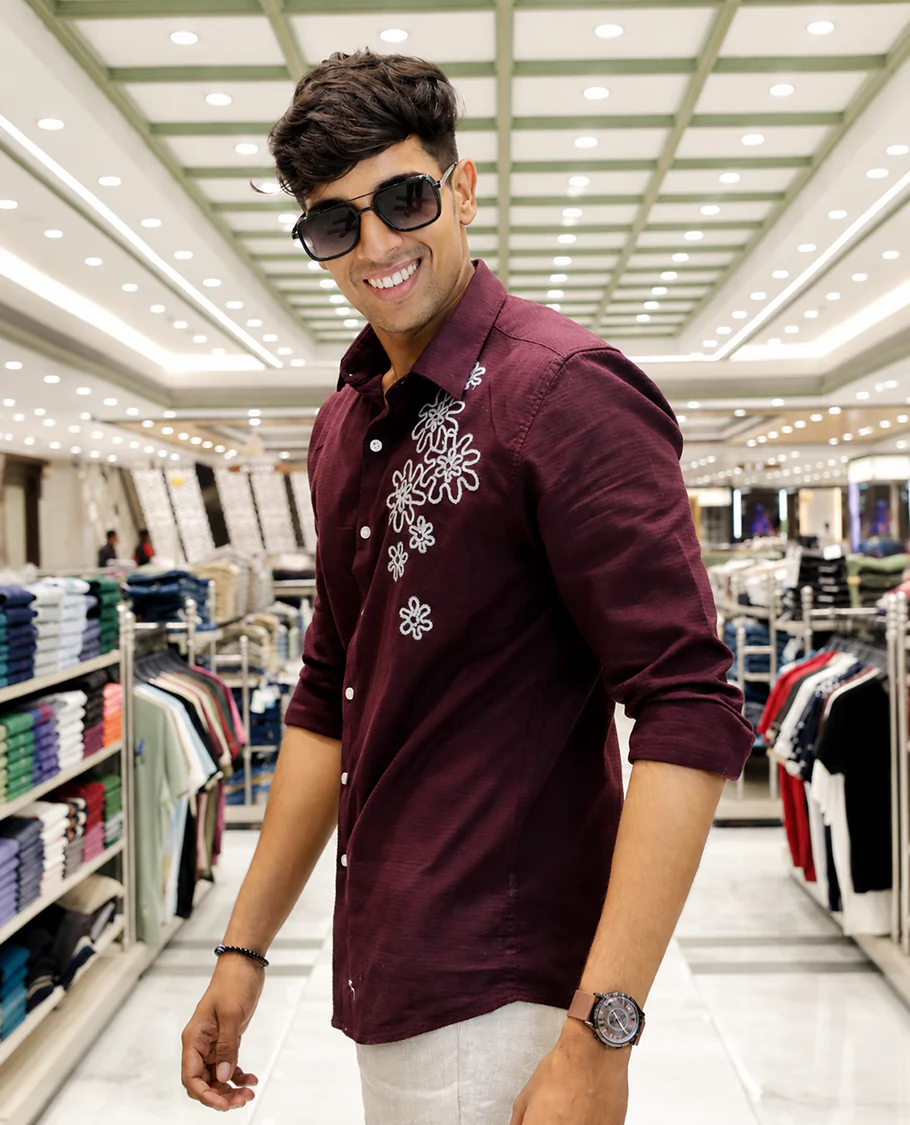 Maroon Cotton-Blended Casual Shirt, Adorned with Flower Thread Outline Embroidery, Featuring a Spread Collar, Full Sleeves, Slim Fit, and Regular Length - Image 3