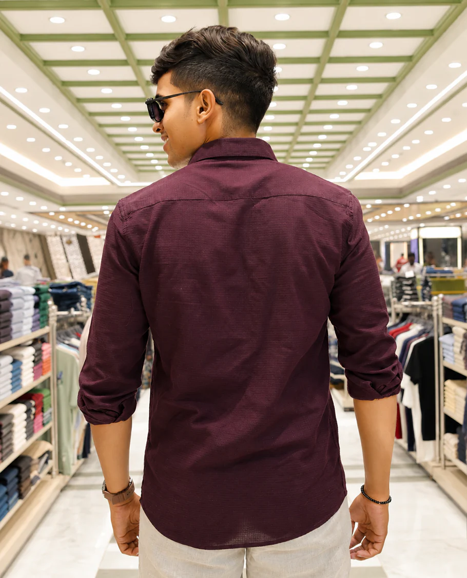 Maroon Cotton-Blended Casual Shirt, Adorned with Flower Thread Outline Embroidery, Featuring a Spread Collar, Full Sleeves, Slim Fit, and Regular Length - Image 5