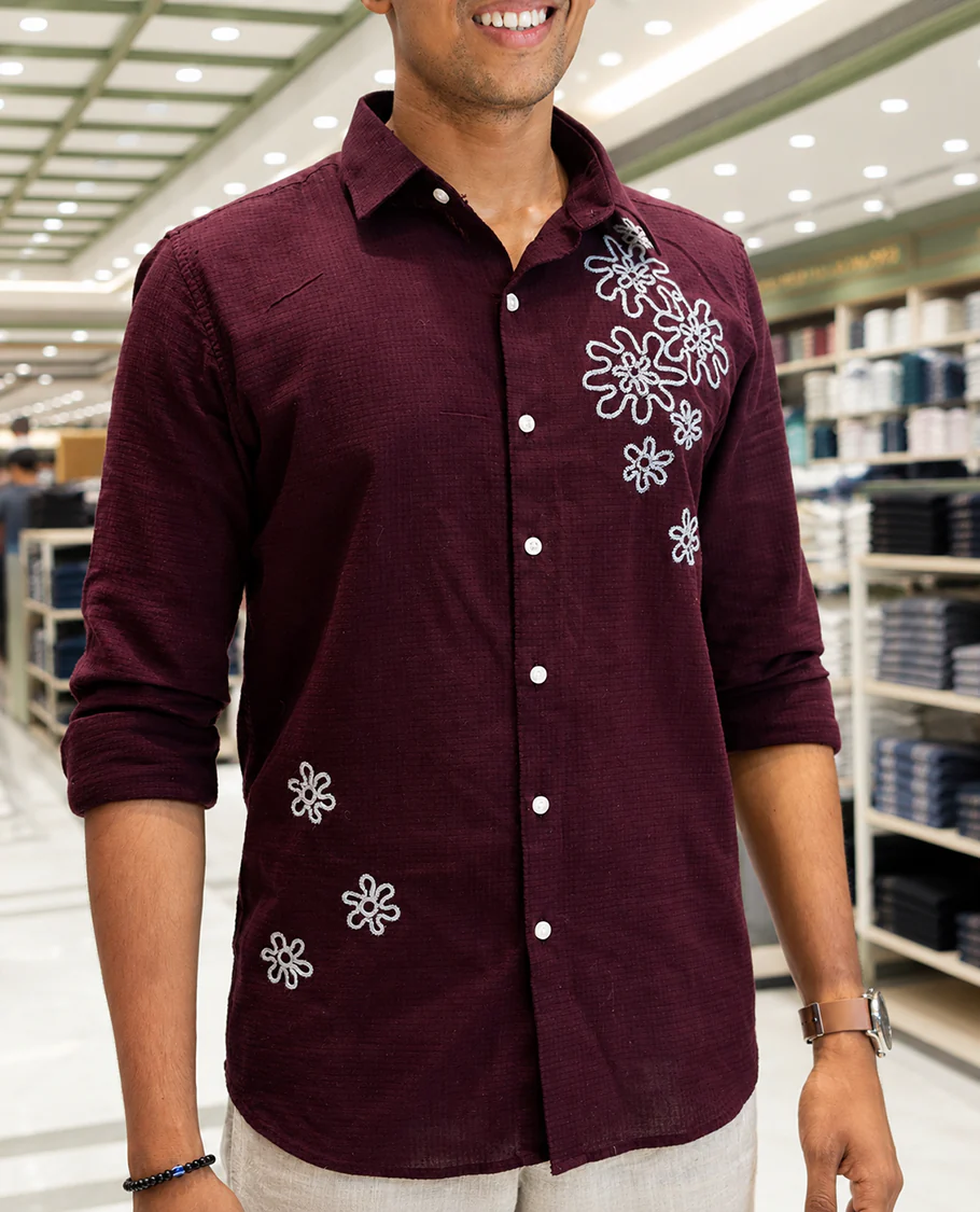 Maroon Cotton-Blended Casual Shirt, Adorned with Flower Thread Outline Embroidery, Featuring a Spread Collar, Full Sleeves, Slim Fit, and Regular Length - Image 6