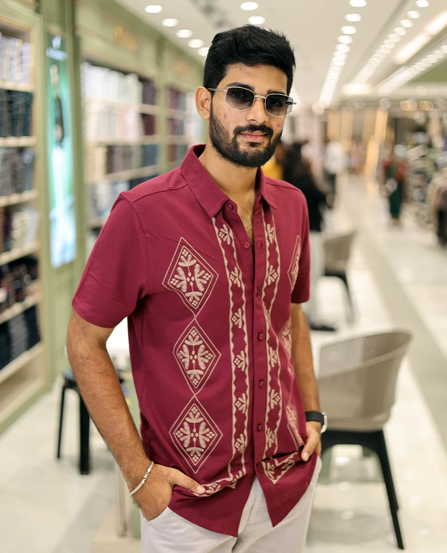 Maroon Cotton-Blended Casual Shirt, Comes with a Geometric Print, Half-Sleeves, Spread Collar, Regular Fit, and Regular Length - Image 3