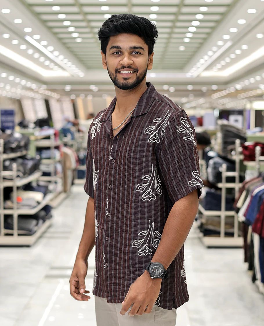 Maroon Cotton-Blended Casual Shirt, Delicately Woven with Stripes-Floral Motifs Embroidery, a Half-Sleeve, a Cuban Collar, a Boxy Fit, and Regular Length - Image 2