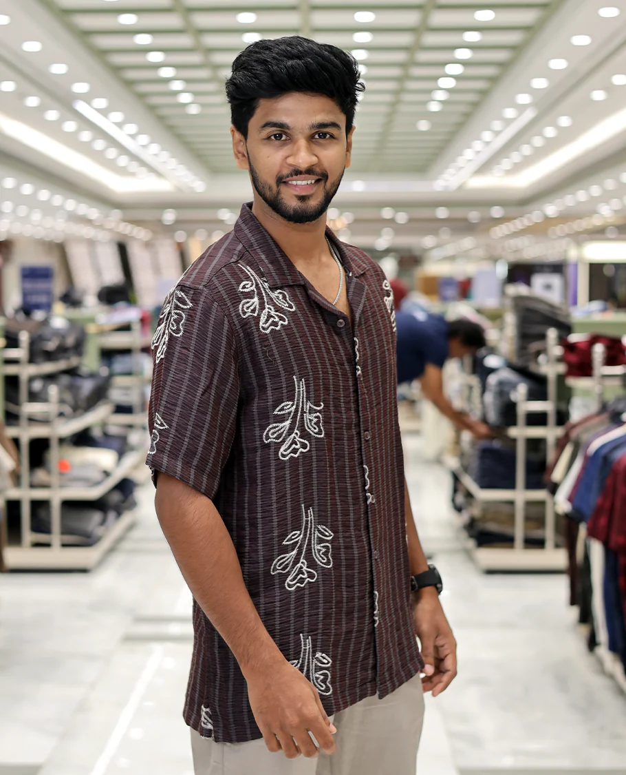Maroon Cotton-Blended Casual Shirt, Delicately Woven with Stripes-Floral Motifs Embroidery, a Half-Sleeve, a Cuban Collar, a Boxy Fit, and Regular Length - Image 3