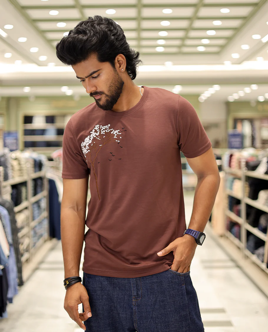 Maroon Cotton-Blended T-Shirt Comes with Tree-Bird Motifs Embroidery, Half-Sleeves, a Crew Neck, a Slim Fit, and Regular Length - Image 2