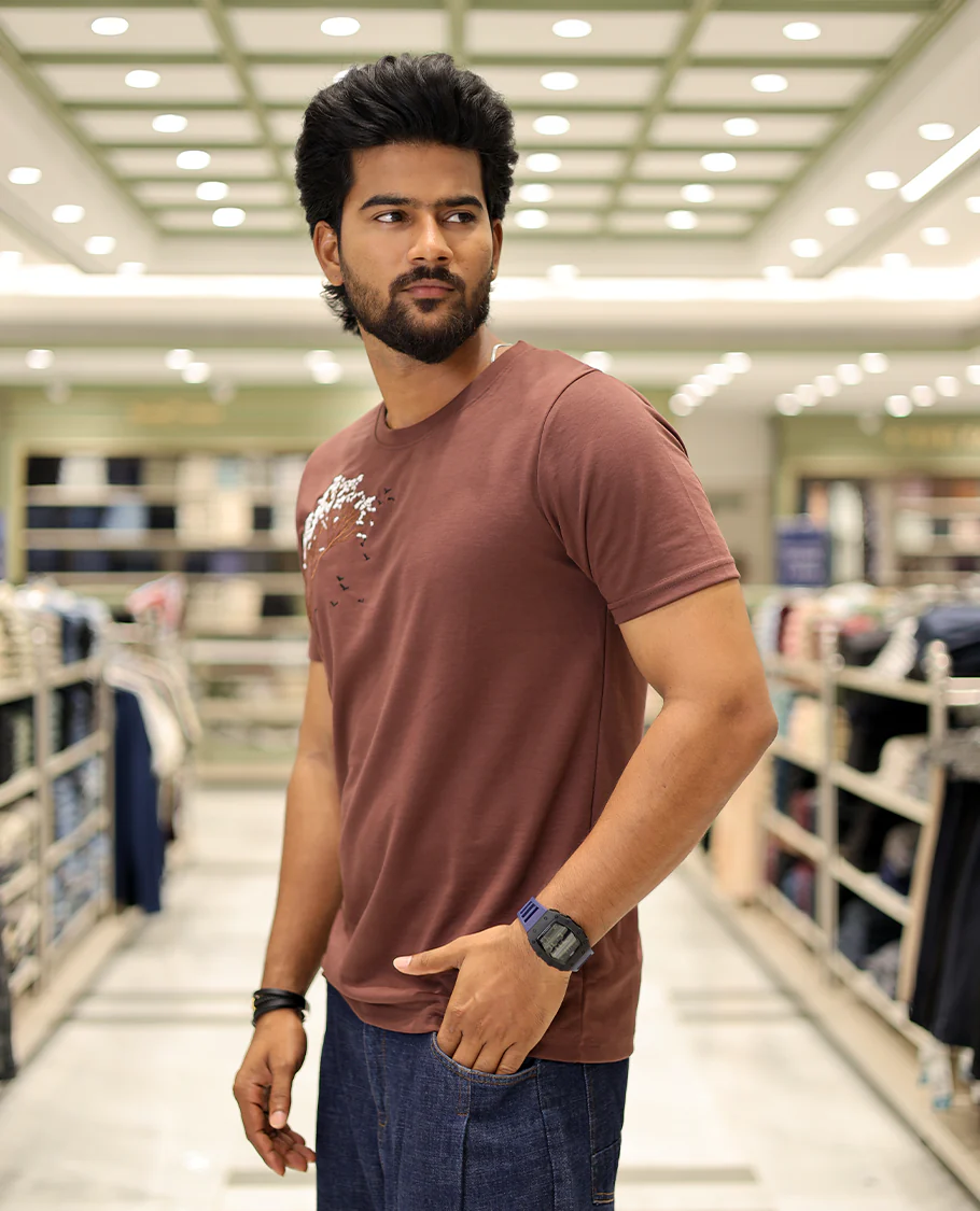 Maroon Cotton-Blended T-Shirt Comes with Tree-Bird Motifs Embroidery, Half-Sleeves, a Crew Neck, a Slim Fit, and Regular Length - Image 4