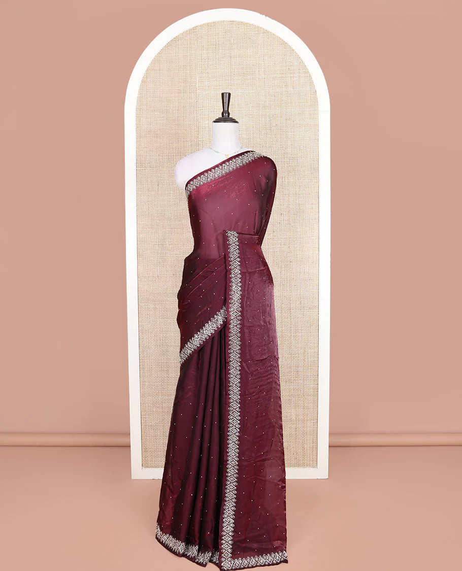 Maroon Designer Saree, Embellished with Stone Struck on Its Body, Highlighted by a Stone Embroidered Border, Self-Pallu, and Paired with a Matching Blouse - Image 3