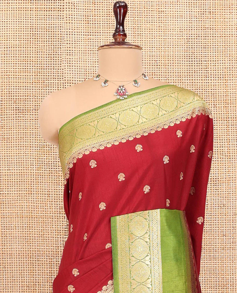 Maroon Dupion Silk Saree, Accentuated with Buttas All Over Its Body, Complemented by Contrast Traditional Border of Paisleys and Chakram Designs, Intricately Designed Pallu, and Paired with a Contrast Blouse - Image 2