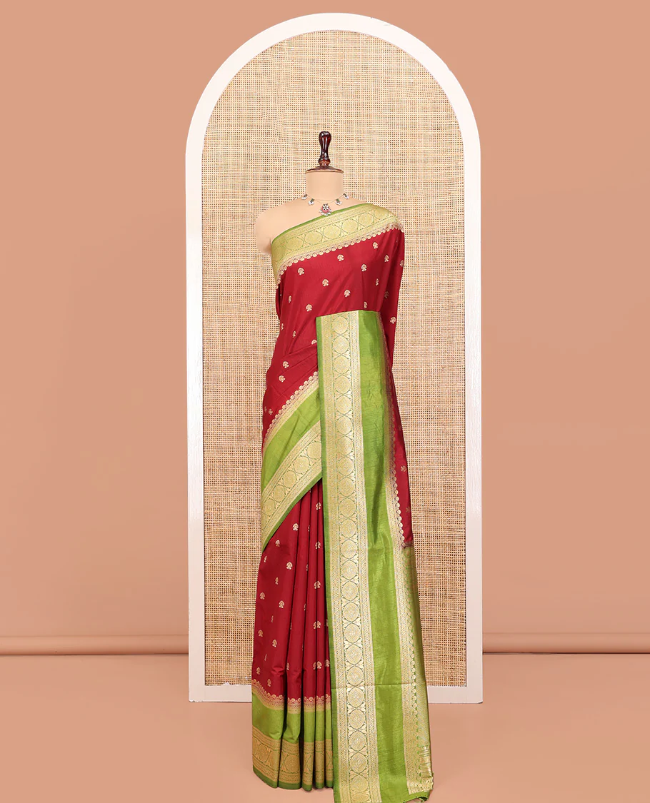 Maroon Dupion Silk Saree, Accentuated with Buttas All Over Its Body, Complemented by Contrast Traditional Border of Paisleys and Chakram Designs, Intricately Designed Pallu, and Paired with a Contrast Blouse - Image 3