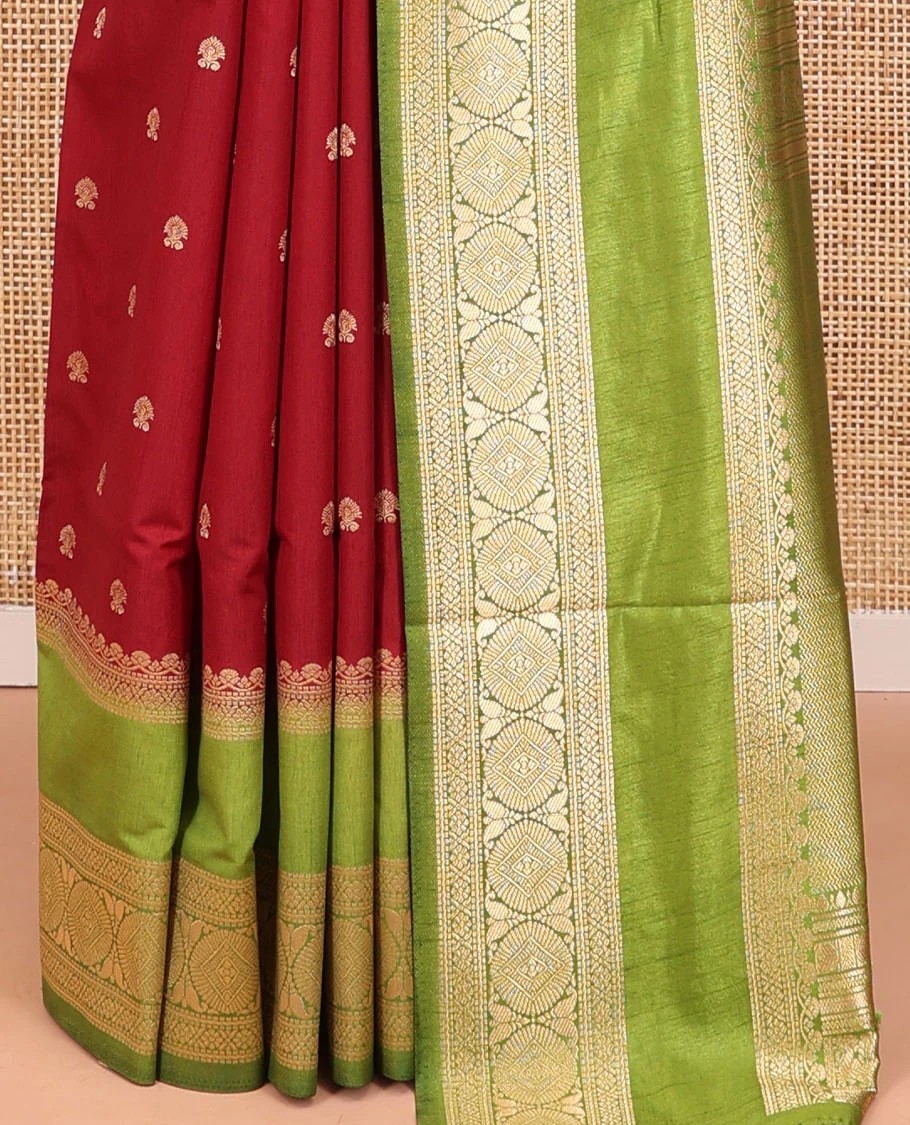 Maroon Dupion Silk Saree, Accentuated with Buttas All Over Its Body, Complemented by Contrast Traditional Border of Paisleys and Chakram Designs, Intricately Designed Pallu, and Paired with a Contrast Blouse - Image 4