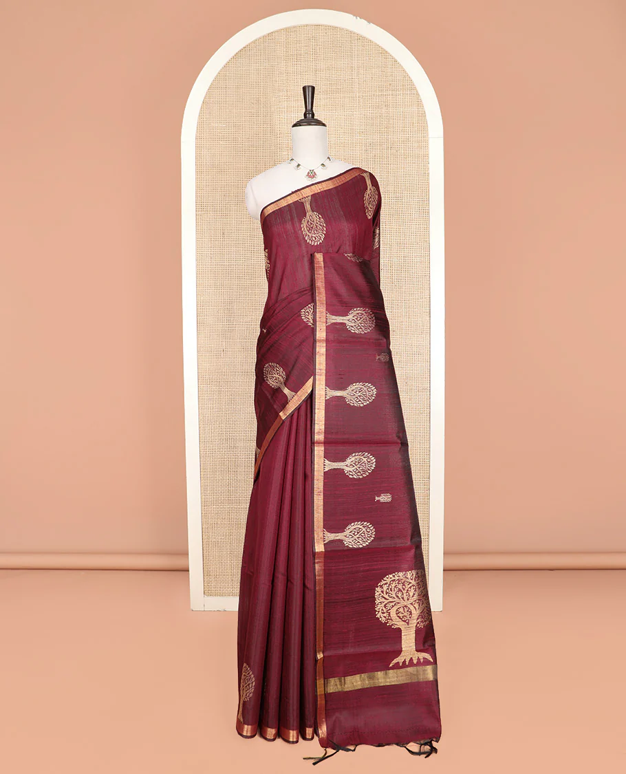 Maroon Dupion Silk Saree, Artfully Detailed with Tree Motifs All Over Its Body, Subtly Made Border, Pallu Mirrors the Same Tree Motifs, and Paired with a Matching Blouse - Image 3
