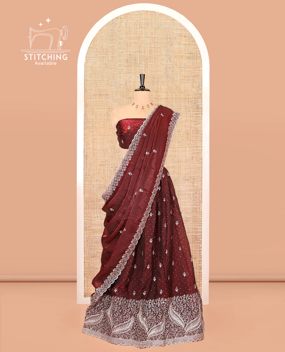 Maroon Fendi Organza Half-Saree, with Embroidered Buttas on Its Skirt, Embroidered Border with a Matching Blouse, and an Embroidered Organza Scallop Dhavani