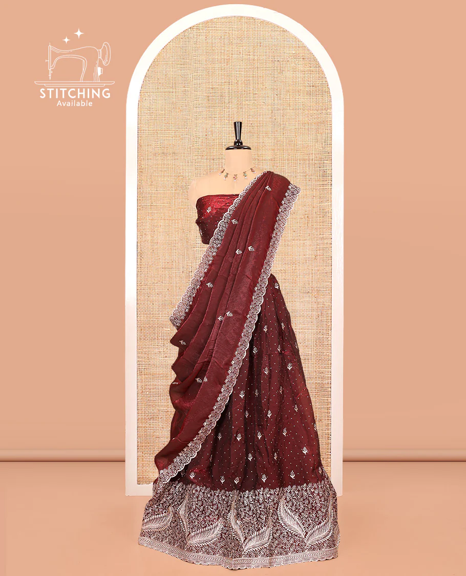 Maroon Fendi Organza Half-Saree, with Embroidered Buttas on Its Skirt, Embroidered Border with a Matching Blouse, and an Embroidered Organza Scallop Dhavani - Image 3