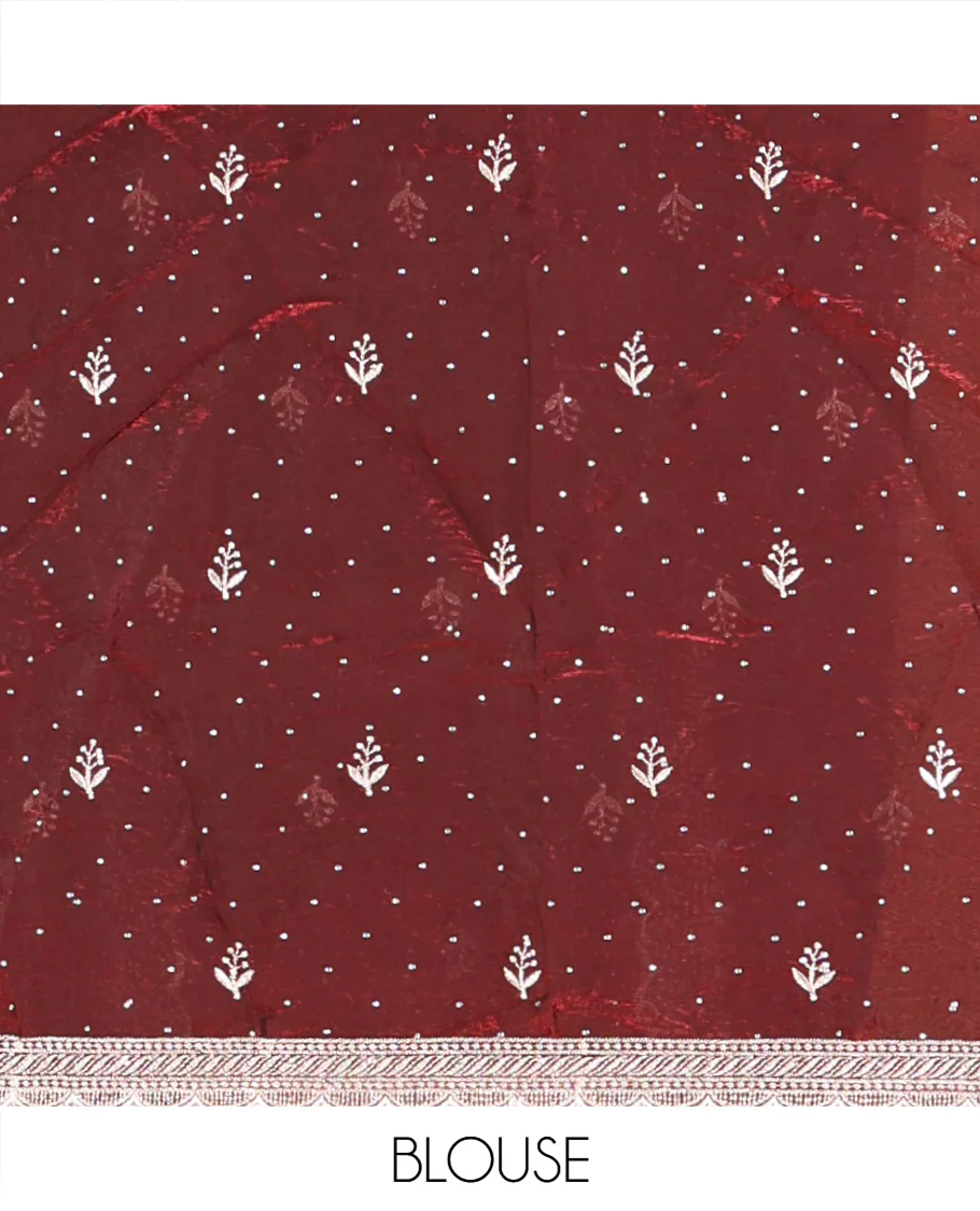 Maroon Fendi Organza Half-Saree, with Embroidered Buttas on Its Skirt, Embroidered Border with a Matching Blouse, and an Embroidered Organza Scallop Dhavani - Image 4