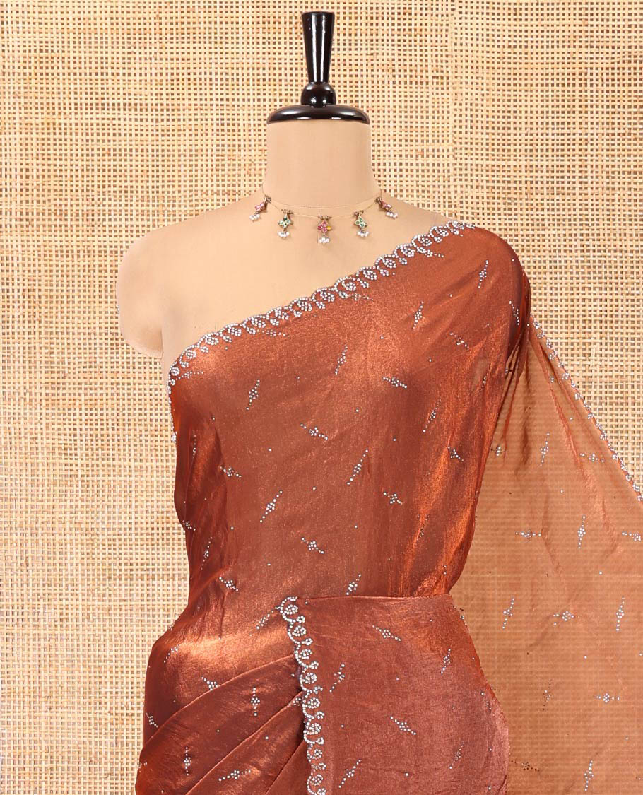 Maroon Fendy Chiffon Saree, Highlighted by Swarovski Stone Work All Over the Body, Gleaming Swarovski Stone Work Border, a Self-Pallu, and Paired with a Fancy Designer Blouse - Image 2