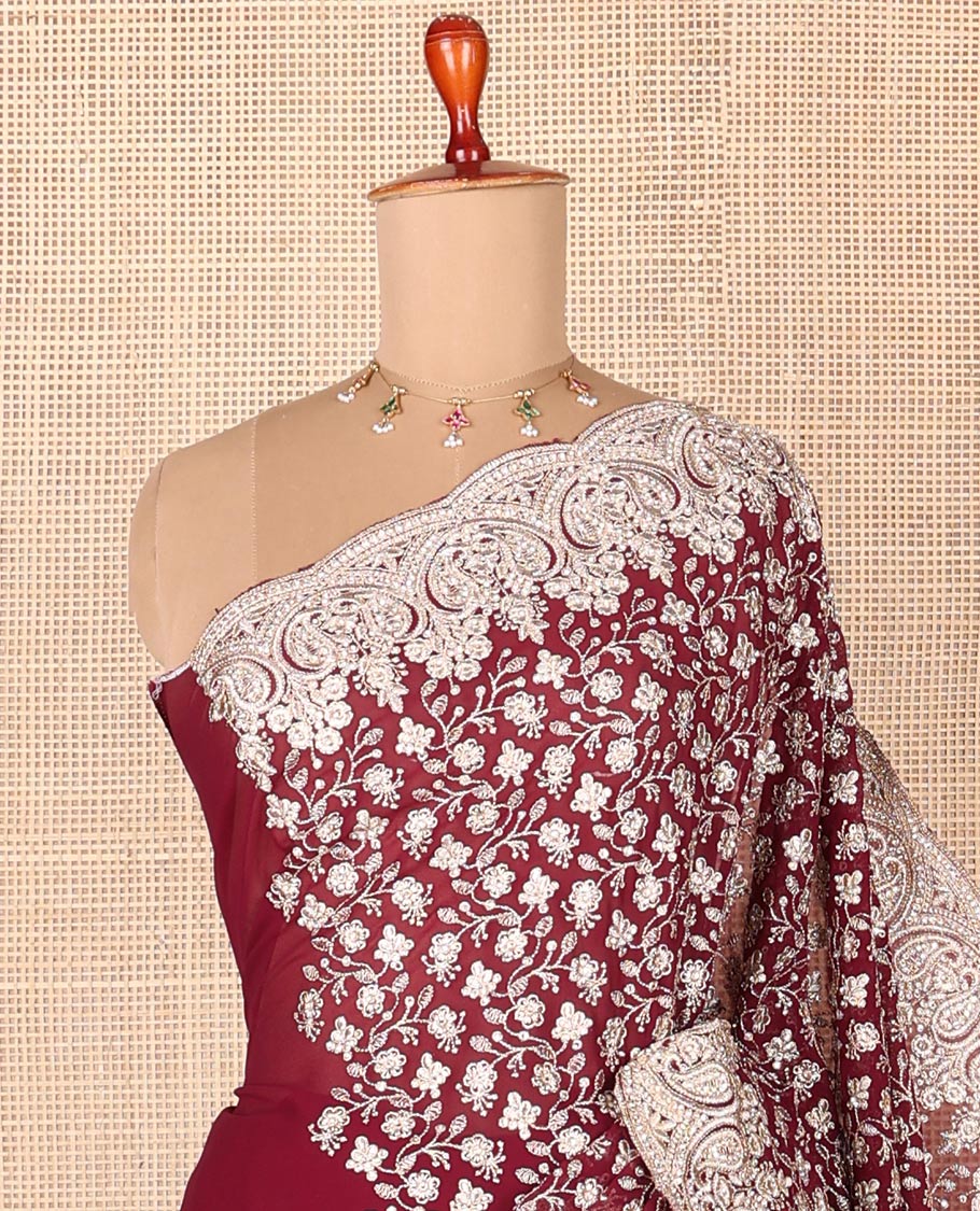 Maroon half-&-half-style floral vine thread embroidered designer saree, scallop embroidered border - Image 2