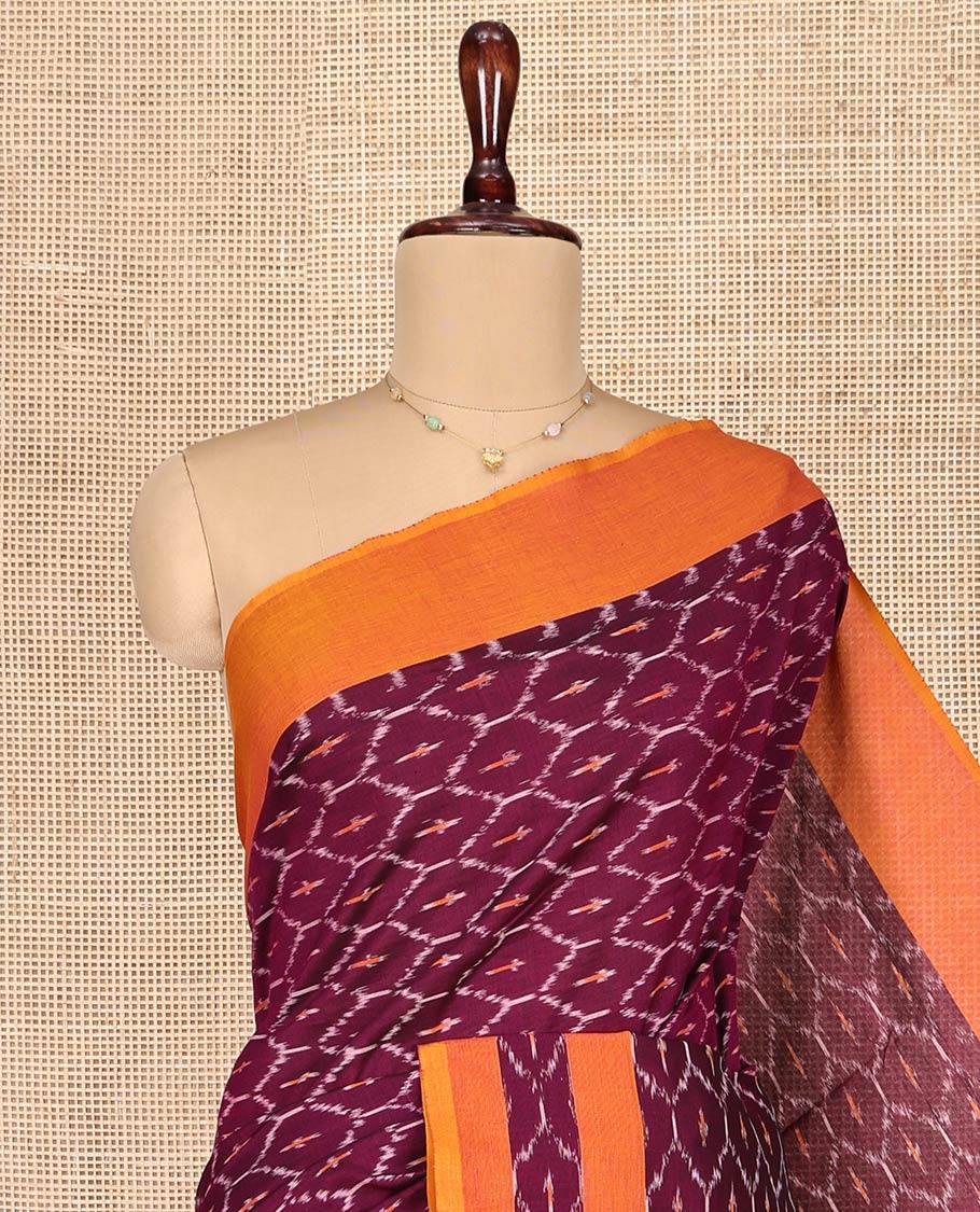 Maroon Ikkat Cotton Saree, Decked Up with Ikkat-Style Ogee Patterns on Its Body, Complemented by Contrast Border, Pallu of Chevron Designs, and Has No Blouse - Image 2