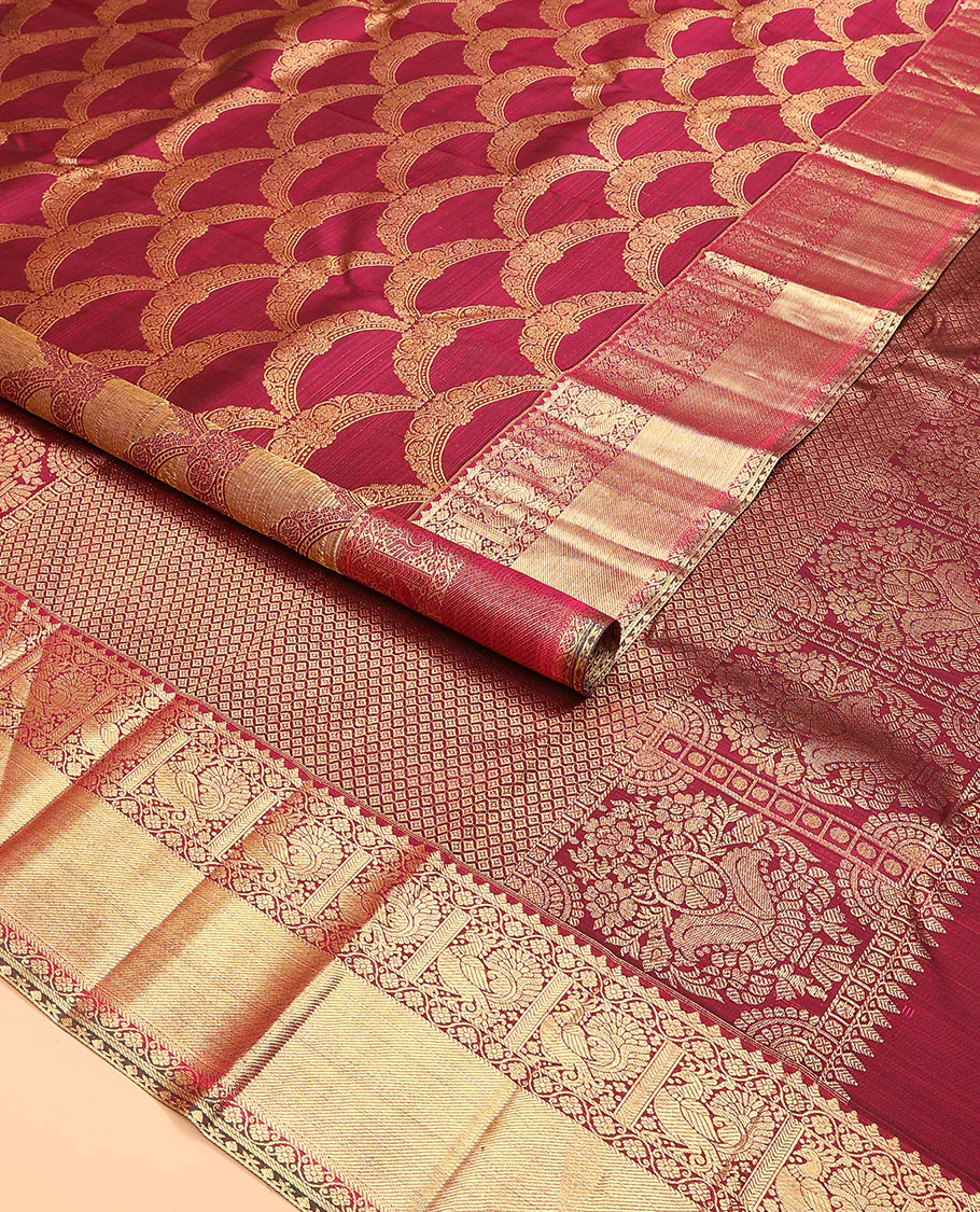 Maroon jacquard kanchipuram silk saree, zari border of thilakam, kodi visiry, and mayil designs, and jaal pallu - Image 2