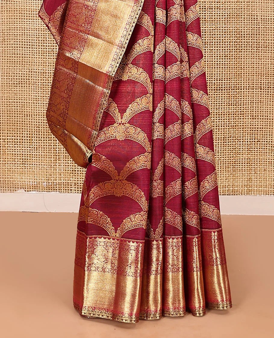 Maroon jacquard kanchipuram silk saree, zari border of thilakam, kodi visiry, and mayil designs, and jaal pallu - Image 4