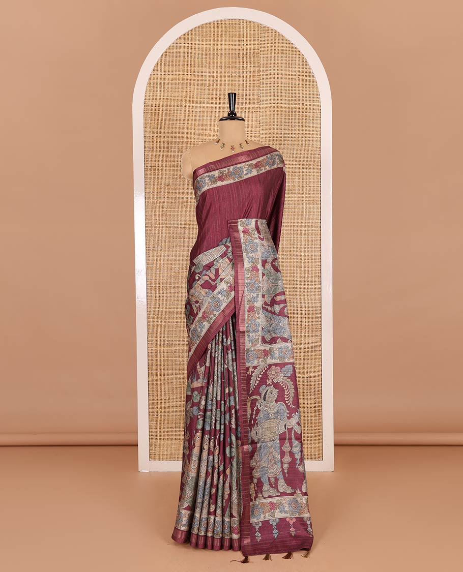 Maroon kalamkari human figurines printed fancy tussar saree, floral printed border, human figurines printed pallu, and a matching blouse - Image 2