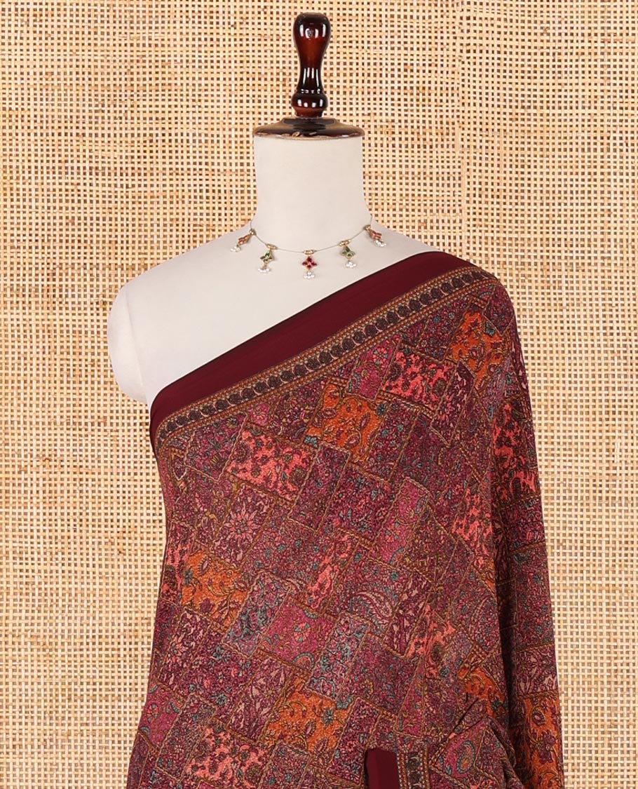 Maroon kaleidoscopic-colored checks mill-printed kimaya saree, contrast plain border & paisley & geometric printed pallu - Image 3
