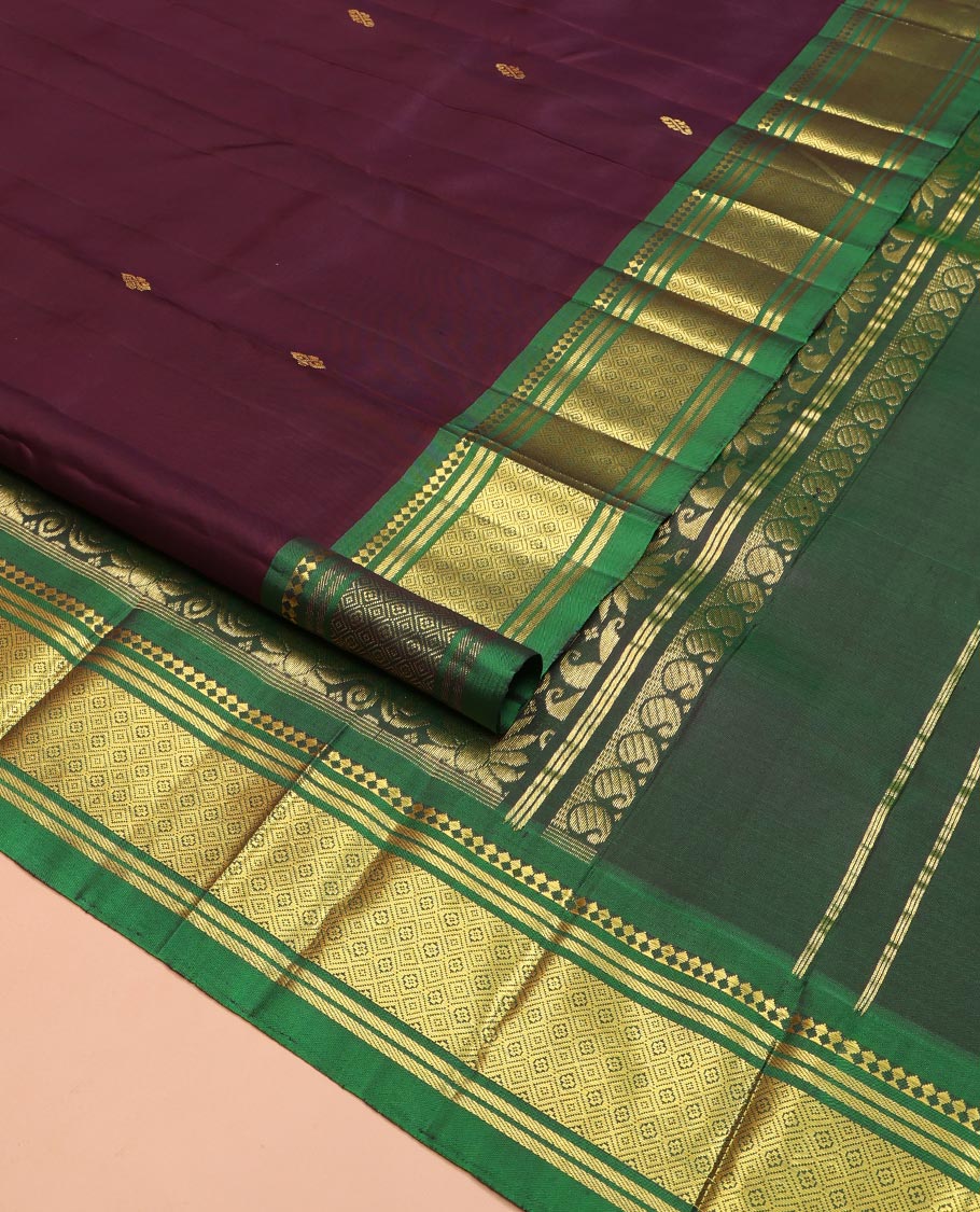 Maroon Kanchipuram Silk Saree, Spotlighted with Zari Buttas on Its Body, Complemented by a Contrast One-Sided Border of Panner Sombu, Banaras, and Jaal Designs, Pallu Features Floral Zari Designs, and Comes Without a Blouse - Image 2