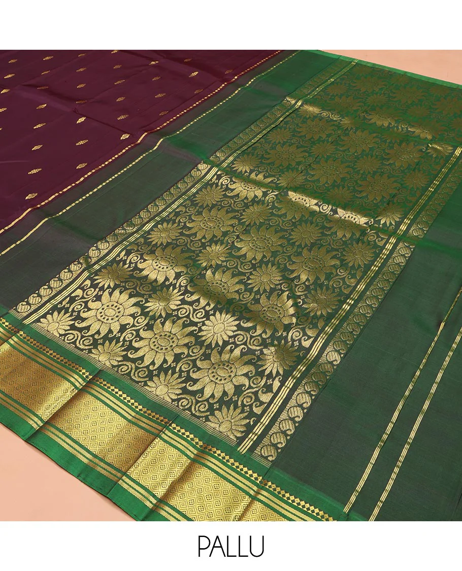 Maroon Kanchipuram Silk Saree, Spotlighted with Zari Buttas on Its Body, Complemented by a Contrast One-Sided Border of Panner Sombu, Banaras, and Jaal Designs, Pallu Features Floral Zari Designs, and Comes Without a Blouse - Image 5