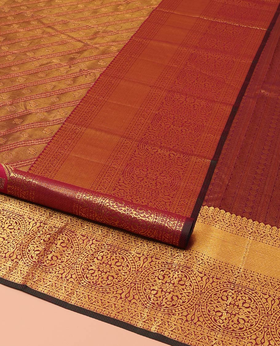 Maroon Kanchipuram Wedding Silk Saree, Mesmerized with Jacquard Design on Its Body, Highlighted by Zari Border of Thilakam Mokku, Rudraksham, Mayil Kann, and Chakram Designs, Grandly Woven Pallu, and Paired with a Matching Blouse - Image 2