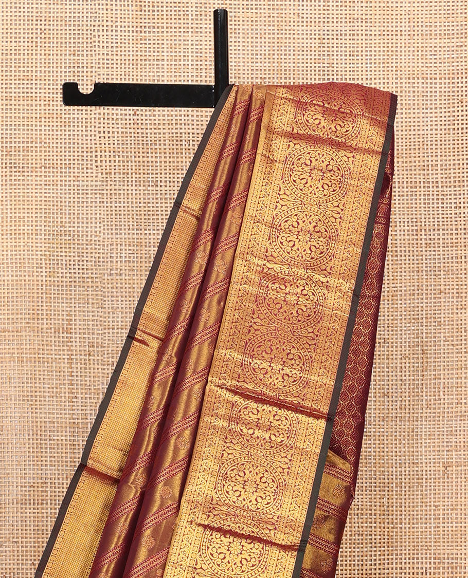 Maroon Kanchipuram Wedding Silk Saree, Mesmerized with Jacquard Design on Its Body, Highlighted by Zari Border of Thilakam Mokku, Rudraksham, Mayil Kann, and Chakram Designs, Grandly Woven Pallu, and Paired with a Matching Blouse - Image 3